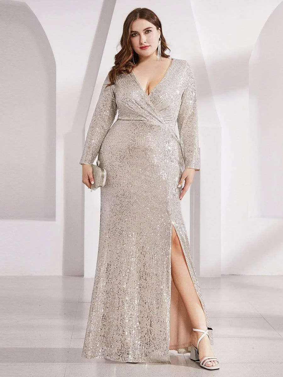 Shiny V Neck Sequin Long Sleeves Evening Dress