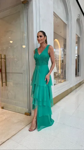 VESTIDO FABIANA MILAZZO CV24908 VERDE JADE DRAPEADO