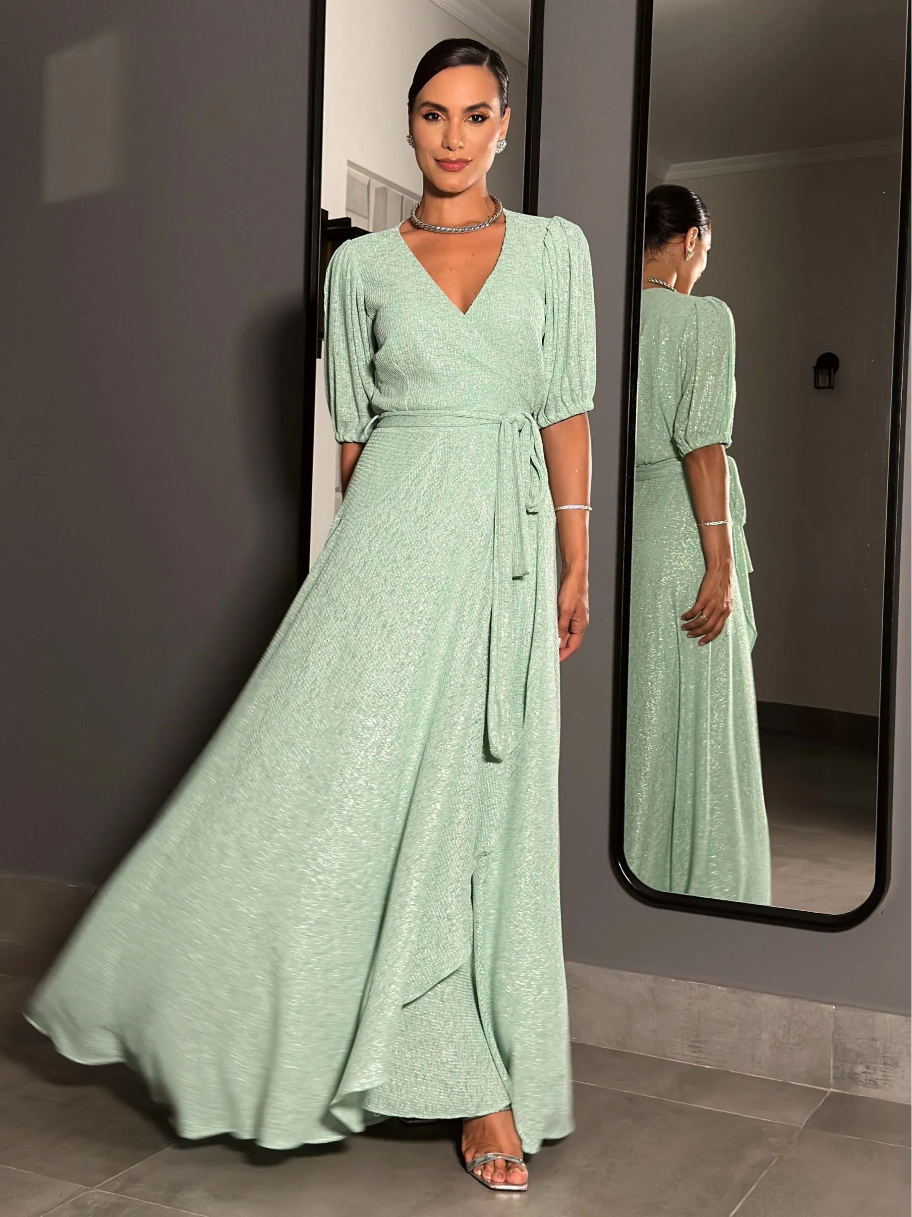 VESTIDO LUZIA FAZZOLLI LUREX TRANSPASSADO VERDE CLARO