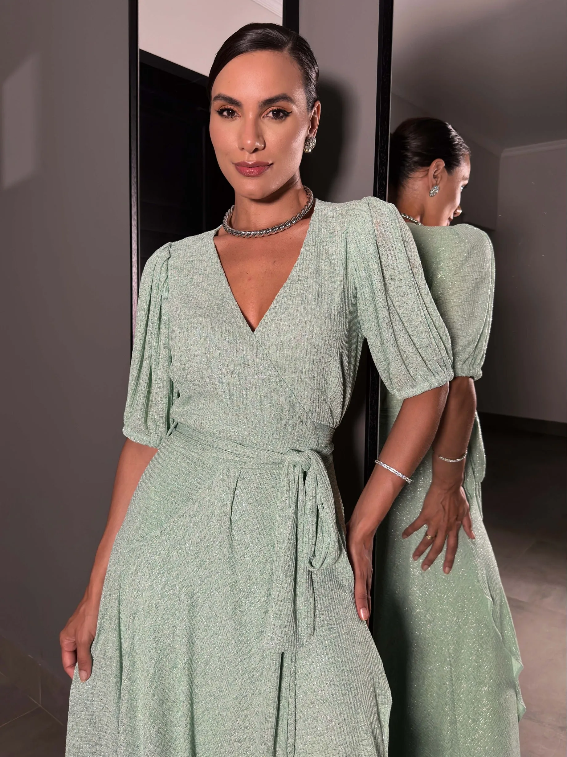 VESTIDO LUZIA FAZZOLLI LUREX TRANSPASSADO VERDE CLARO